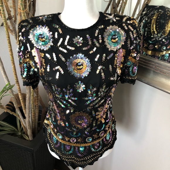 Vintage 80s Laurence Kazar Sequins Beaded Shirt S - Picture 8 of 10